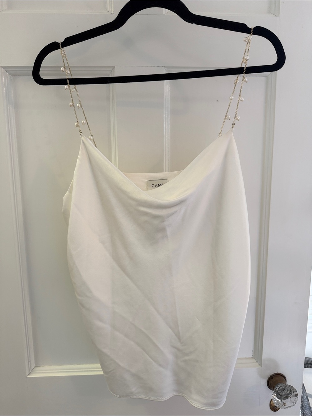 Cami NYC White Pearl-Chain Cowl Neck Silk Camisole